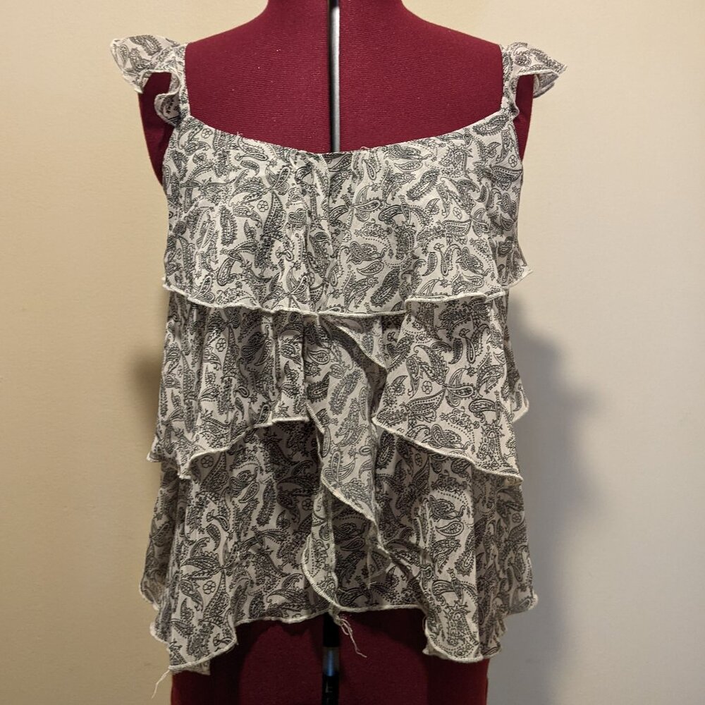 Black White Paisley Tiered Sleeveless Top XS